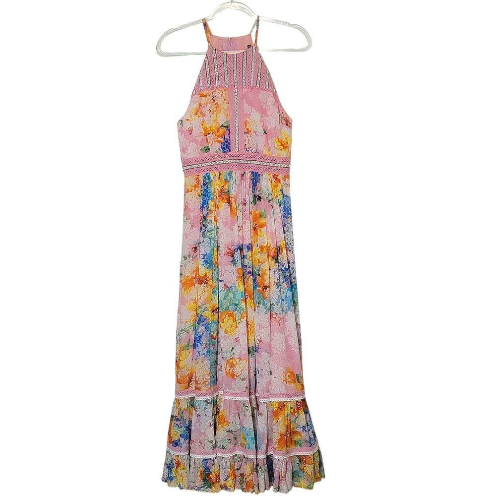 Anthropologie Bhanuni By Jyoti Yuko Floral Beaded Halter Maxi Dress Pink Blue 4 - Picture 16 of 16